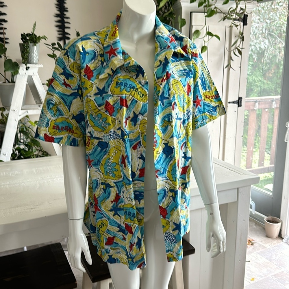 Vintage Barbados, tropical blue, green, red, tropical size, large handmade shirt